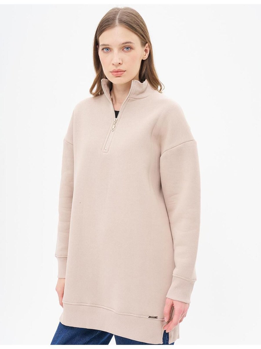 Kayra Düşük Omuz Fermuar Kapamalı Sweatshirt Taş