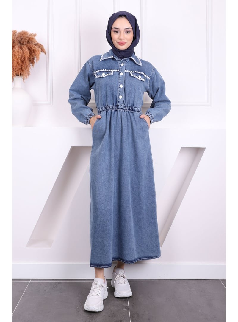 İmaj Butik Mavi Nakışlı Cepli Kot Elbise