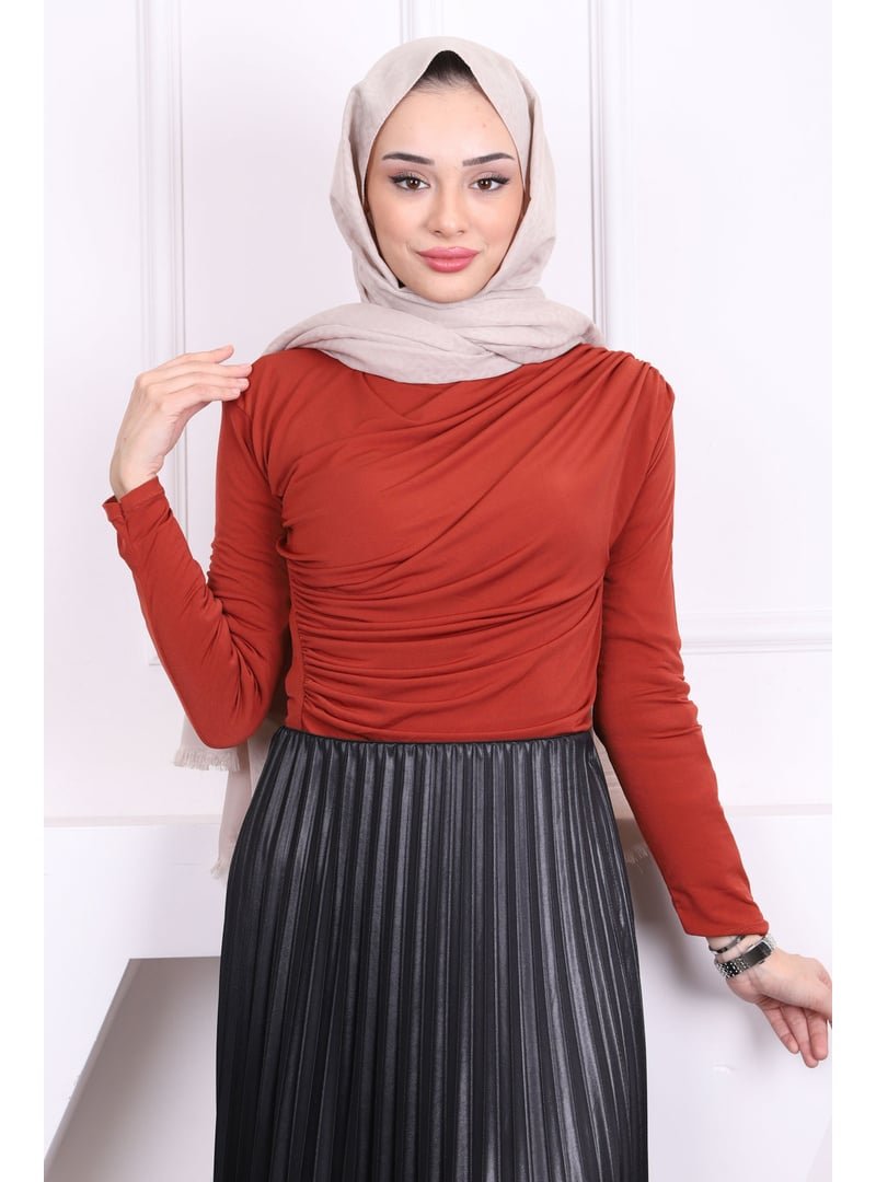 İmaj Butik Kiremit Balıkçı Yaka Drapeli Sandy Bluz