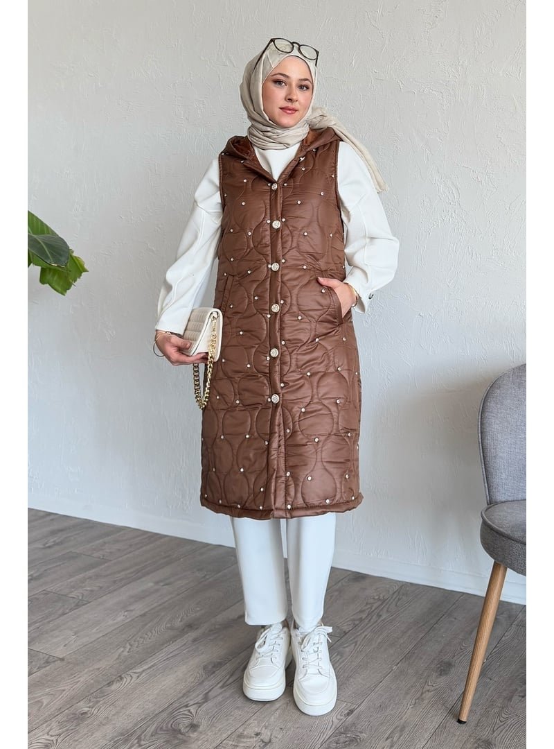 InStyle Taşlı Kapitone Kapüşonlu Acı Kahve Yelek