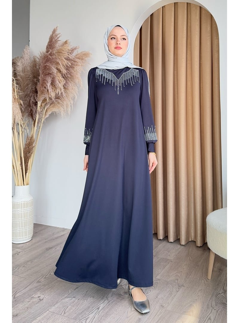 InStyle Taşlı İncili Lacivert Scuba Elbise