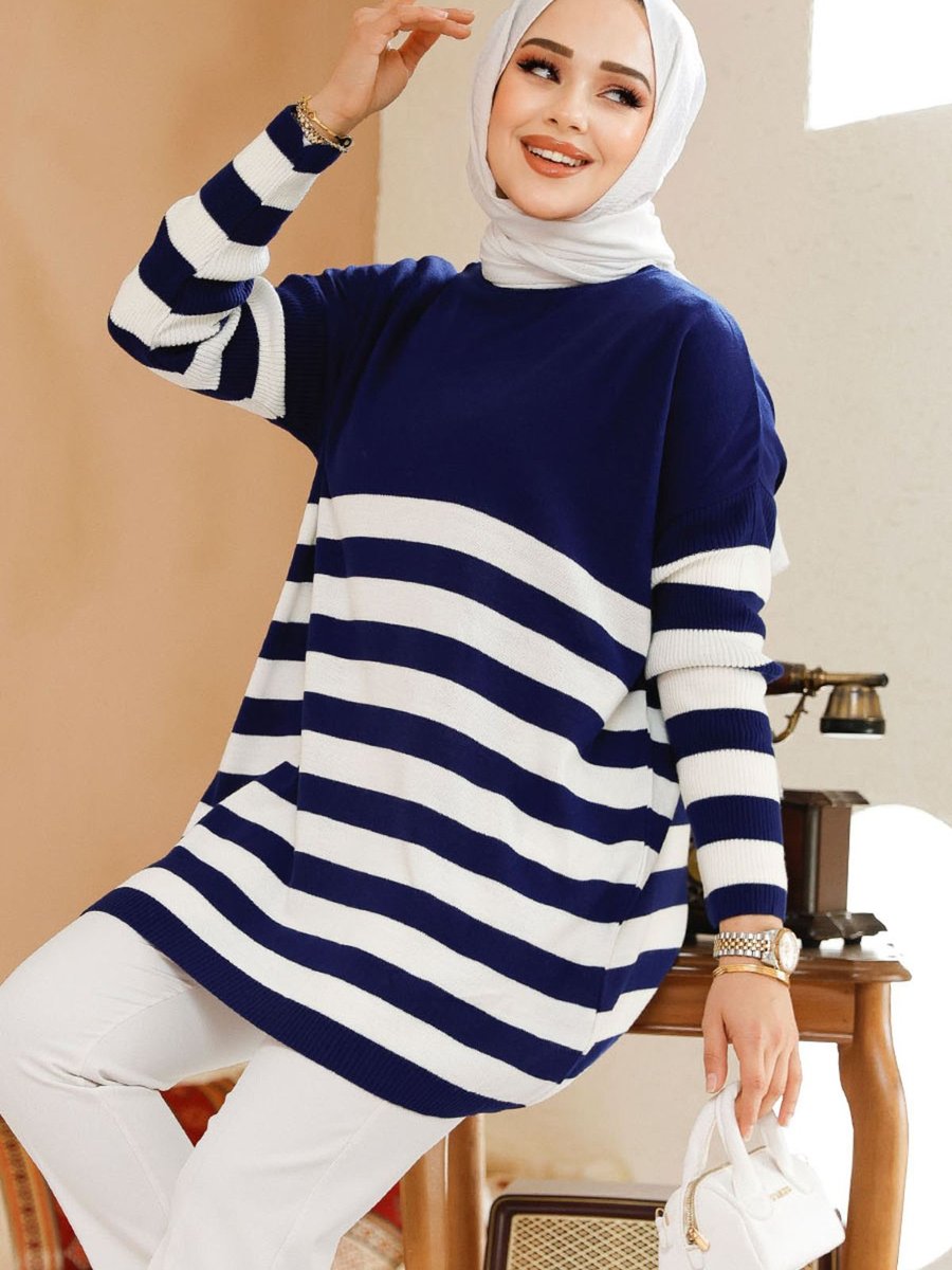 Neva Style Şerit Çizgili Lacivert Triko Kazak Tunik