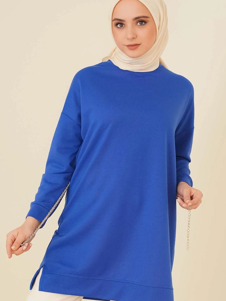 Exxitcollection Bisiklet Yaka Mevsimlik Yırtmaçlı Armalı Tunik Sweat Sweatshirt