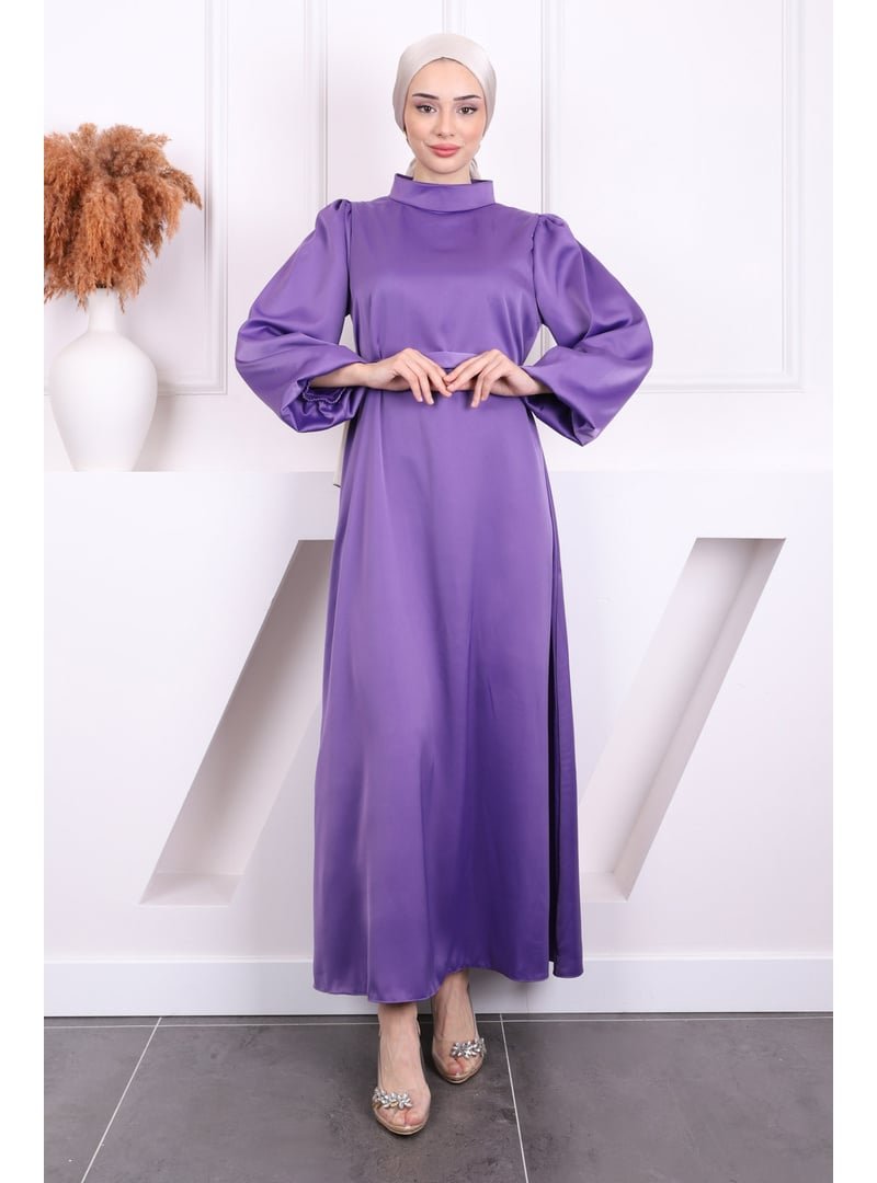 İmaj Butik Mor Hakim Yaka Balon Kol Saten Abiye Elbise