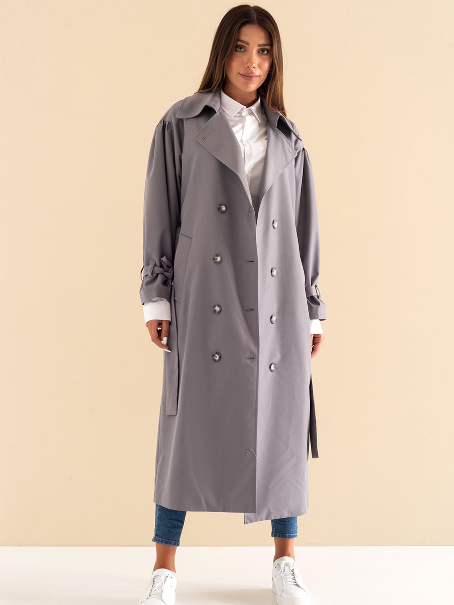 Sahra Afra Füme Pleated Kadın Oversize Trençkot