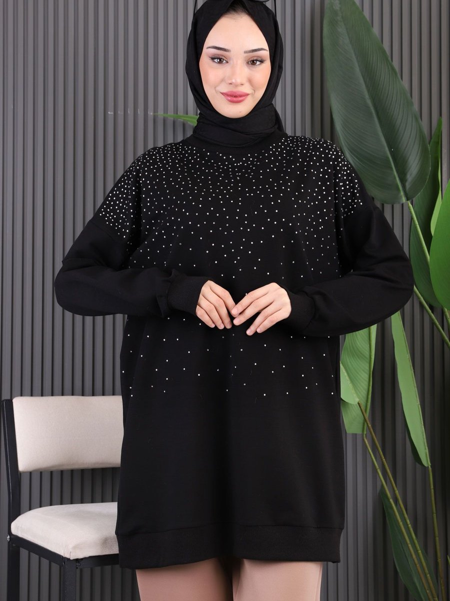 İmajbutik Siyah Serpme Taşlı İki İplik Tunik