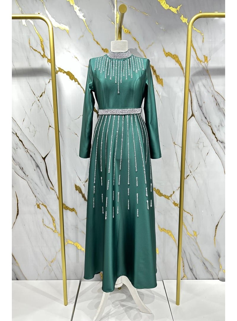 Hakimoda Zümrüt Yeşili Nevra Saten Abiye Elbise
