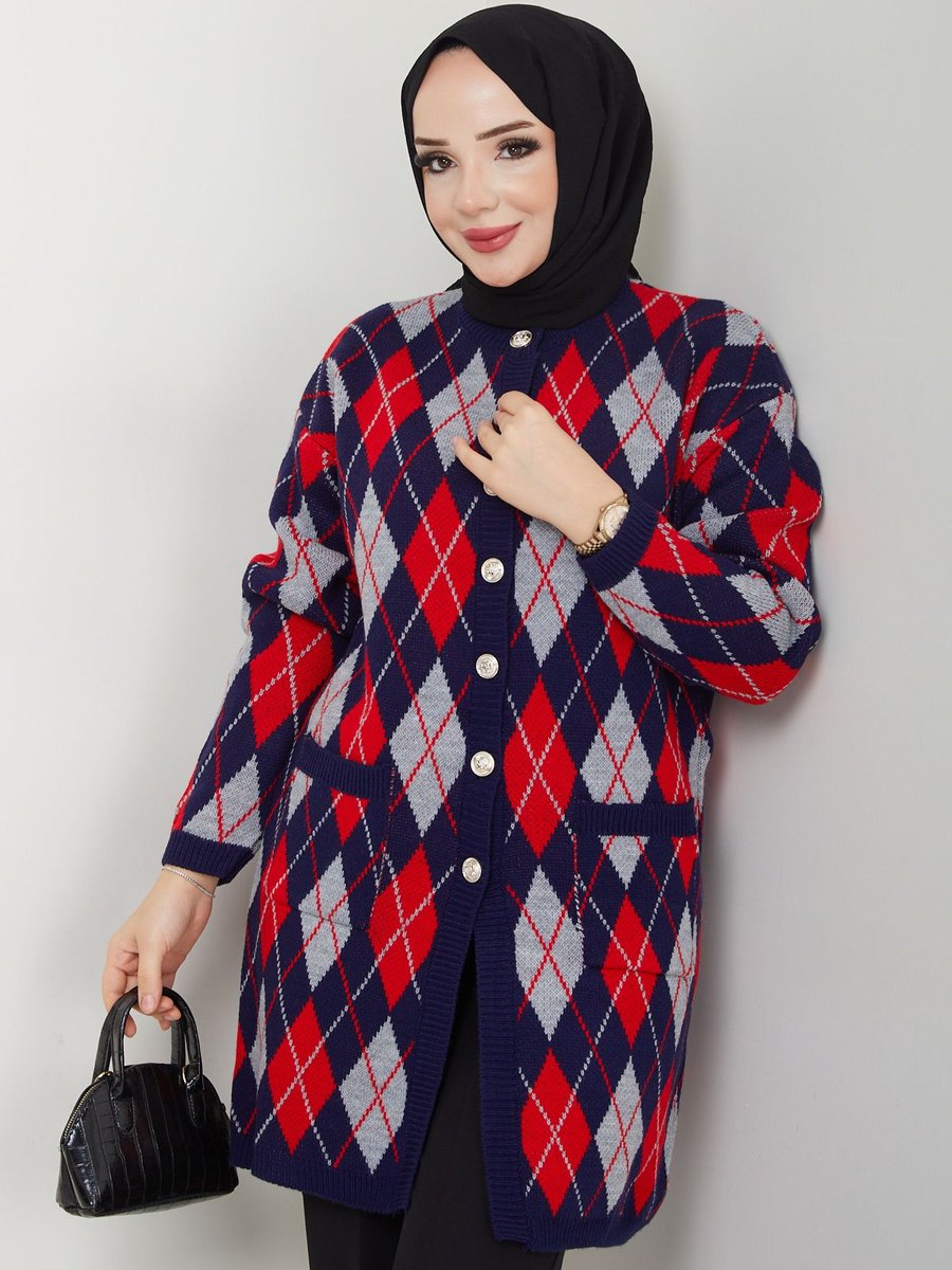 Pamuk Butik Kareli Cepli Düğme Kapamalı Triko Hırka
