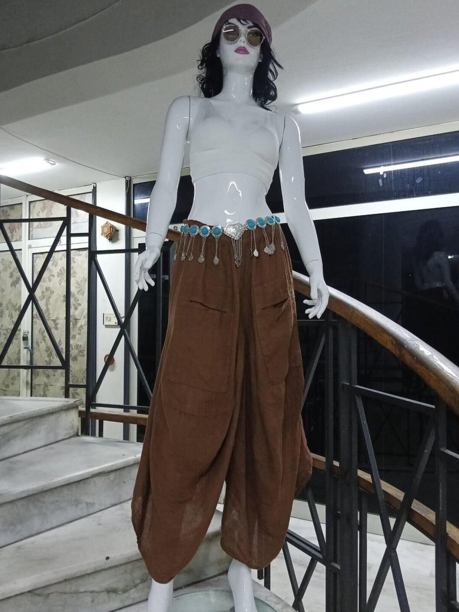 Bohem Stil Tarçın İtalyan Cepli Keten Şalvar Pantolon