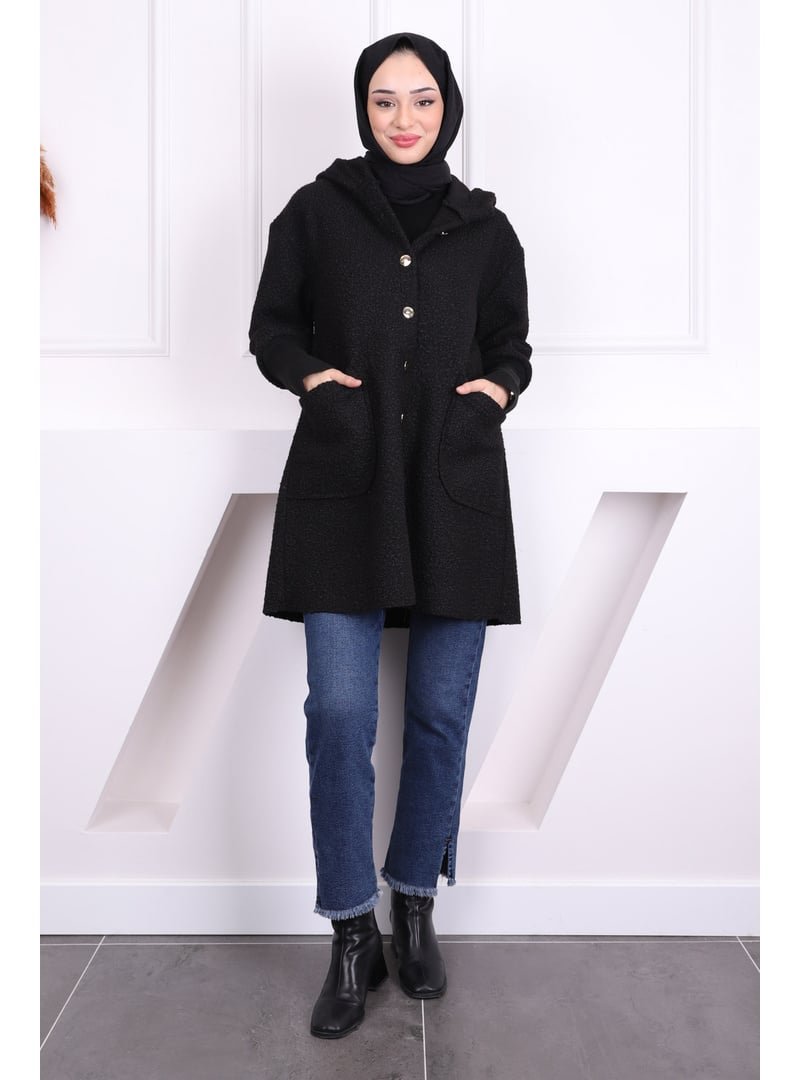 İmaj Butik Siyah Kapüşonlu Buklet Kaban