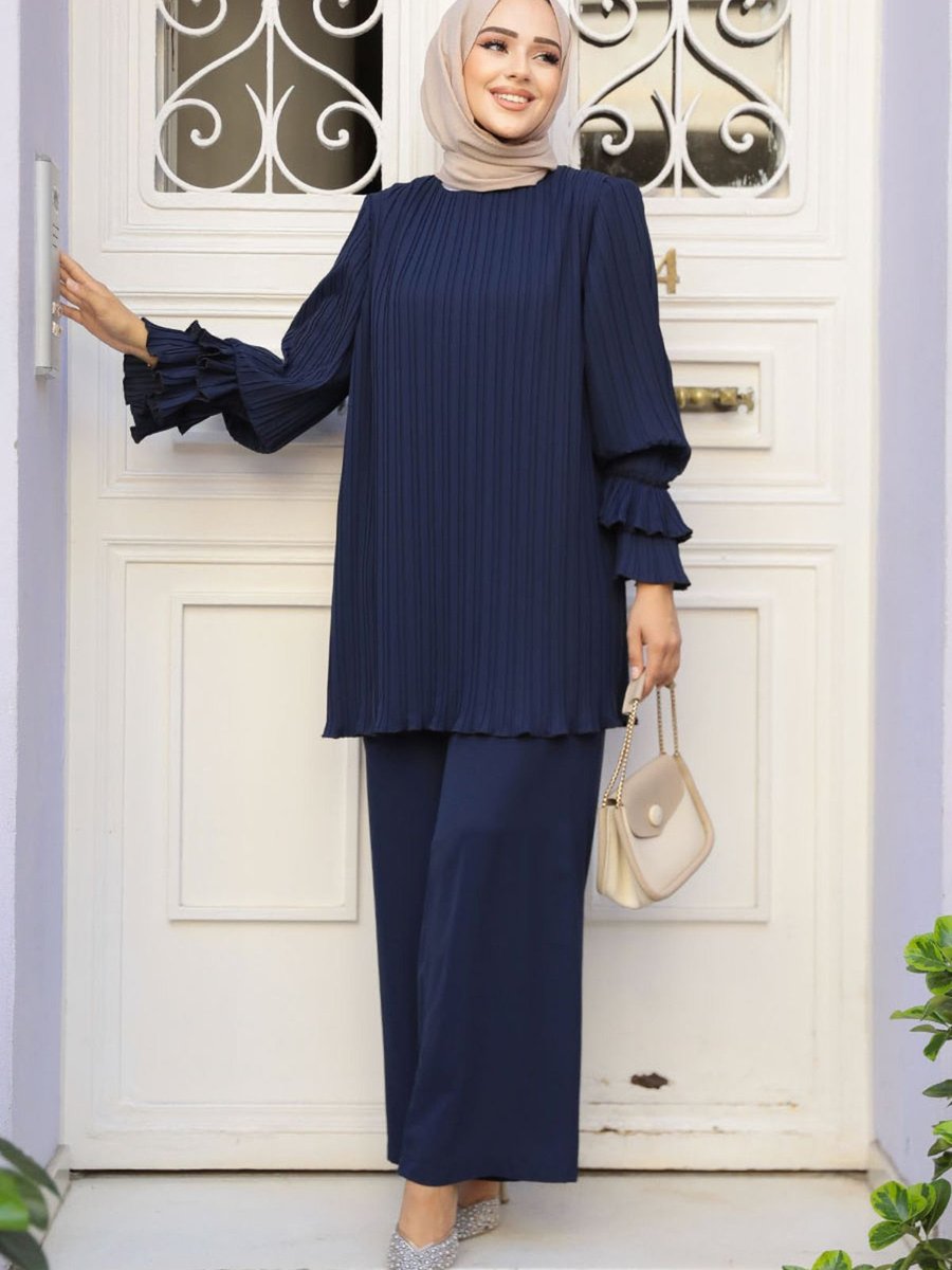 Neva Style Pileli Lacivert İkili Takım