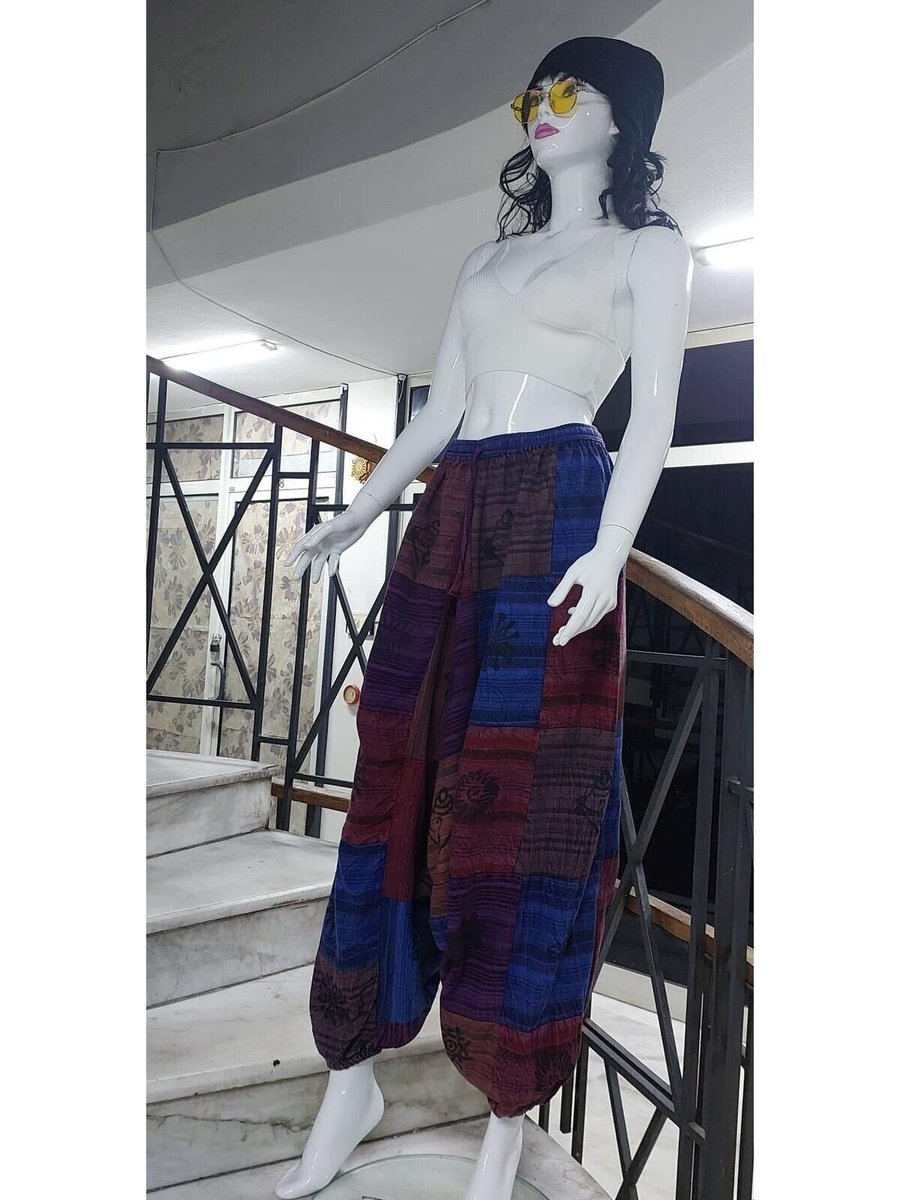 Bohem Stil Renkli Hint Otantik Yıkamalı Taşlanmış Patchwork Şalvar Pantolon