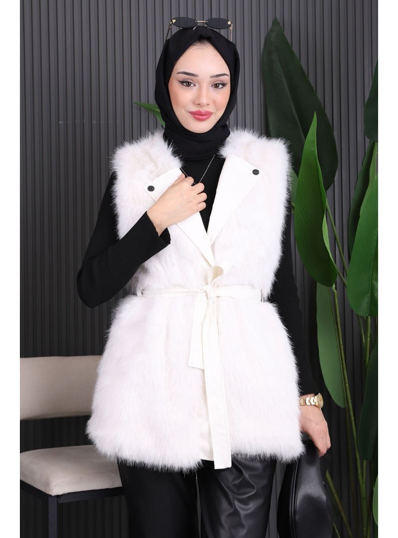 İmaj Butik Ekru Deri Kuşaklı Kürk Yelek