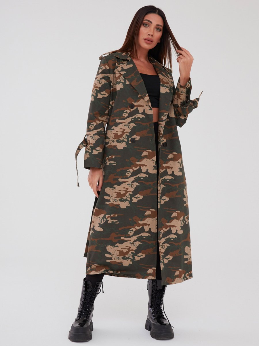 Sahra Afra Yeşil Kamuflaj Kadın Oversize Trençkot