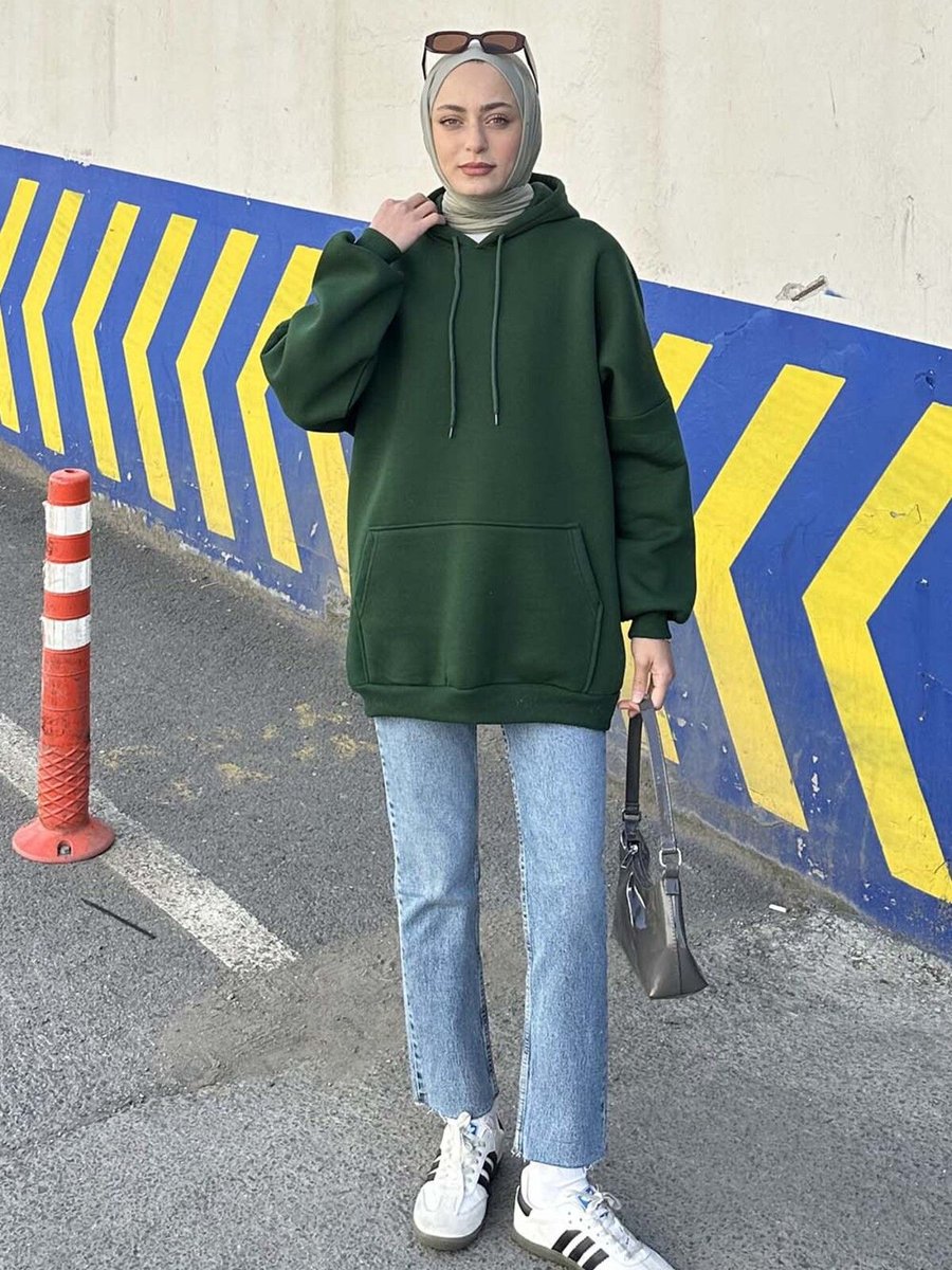 Lamelif Üç Iplik Kanguru Cep Sweatshirt Zümrüt Yeşili