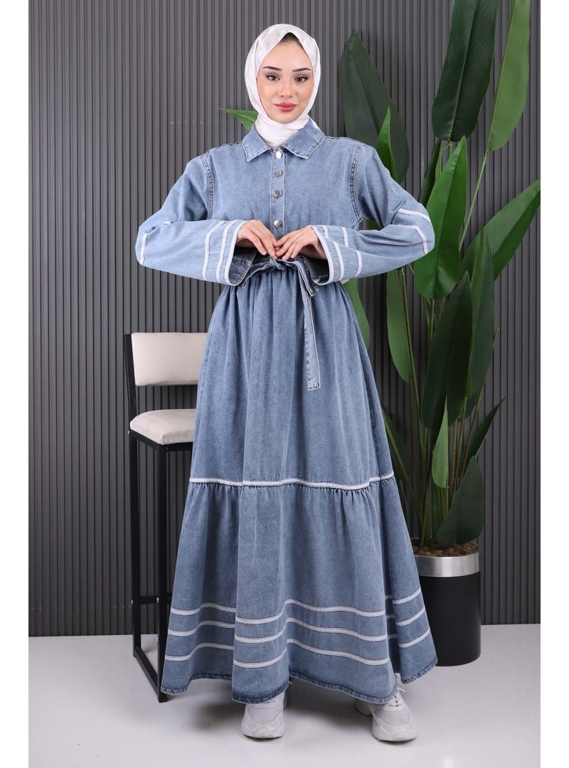 İmaj Butik Mavi Bel Kuşaklı Kot Elbise
