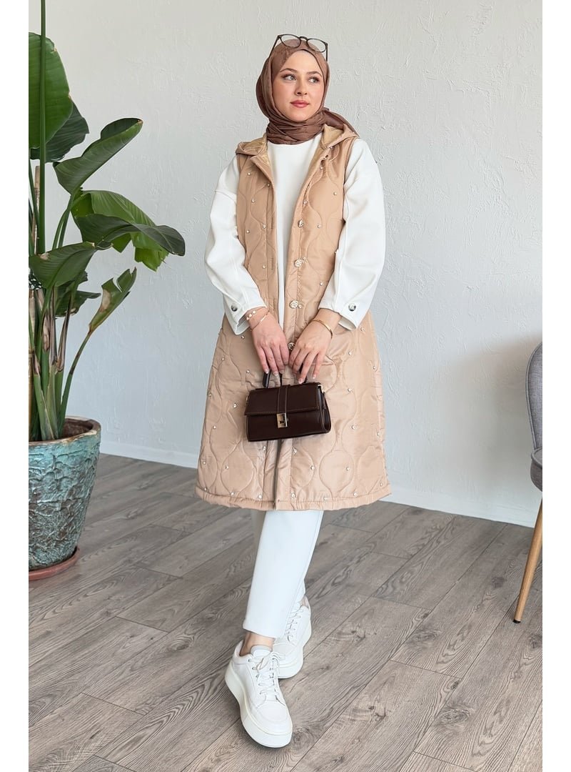 InStyle Taşlı Kapitone Kapüşonlu Bej Yelek