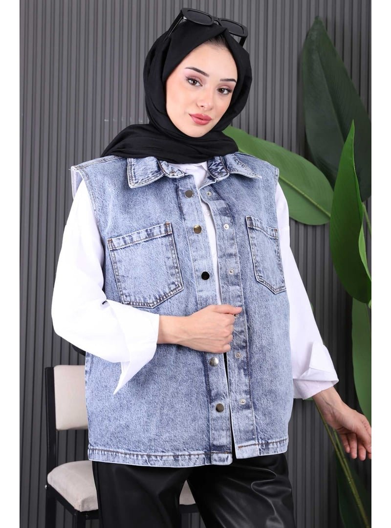 İmaj Butik Mavi Cepli Önü Çıtlı Kot Yelek