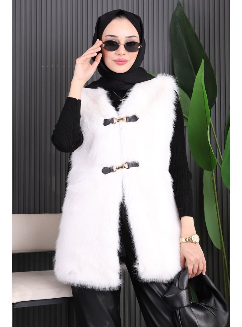 İmaj Butik Ekru Ön Detaylı Kürk Yelek