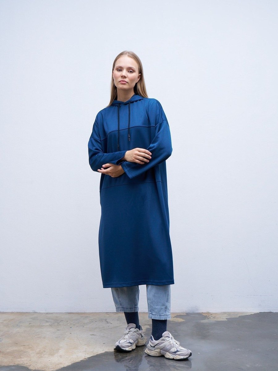 Qanu Kapişonlu Dikişli Sweatshirt Lacivert
