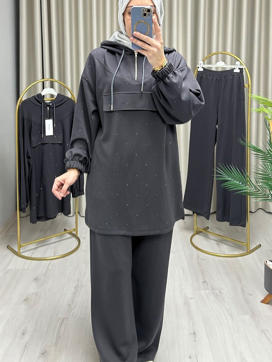Puane Taş Baskılı Kapüşonlu Takım Trend Moda Store