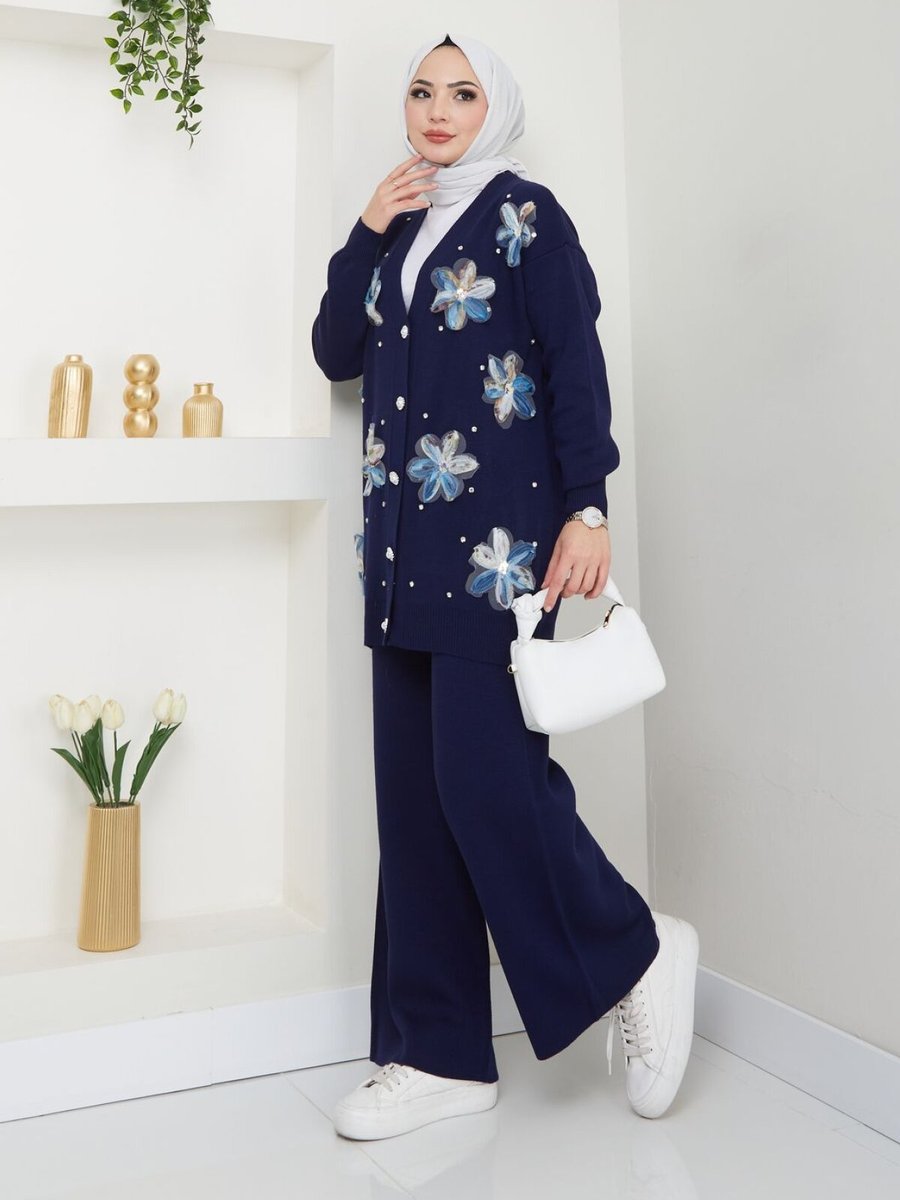 VOLT CLOTHİNG Lacivert Çiçek Nakışlı Triko İkili Takım