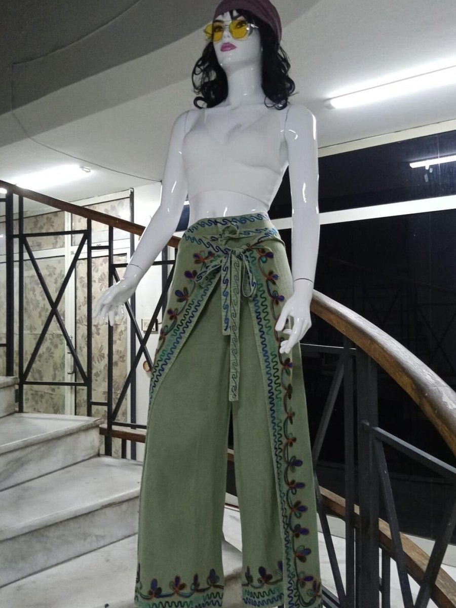 EREN STYLE Haki Otantik Nakış İşlemeli Harem Şalvar Bulmaca Pantolon