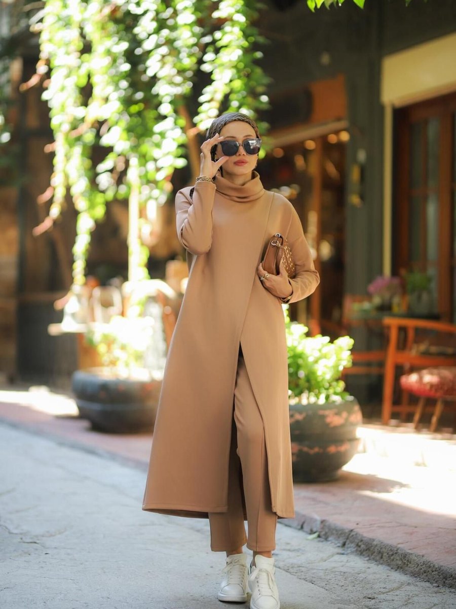 Ns Moda Boğazlı Tunik Pantolon Takım Vizon Model