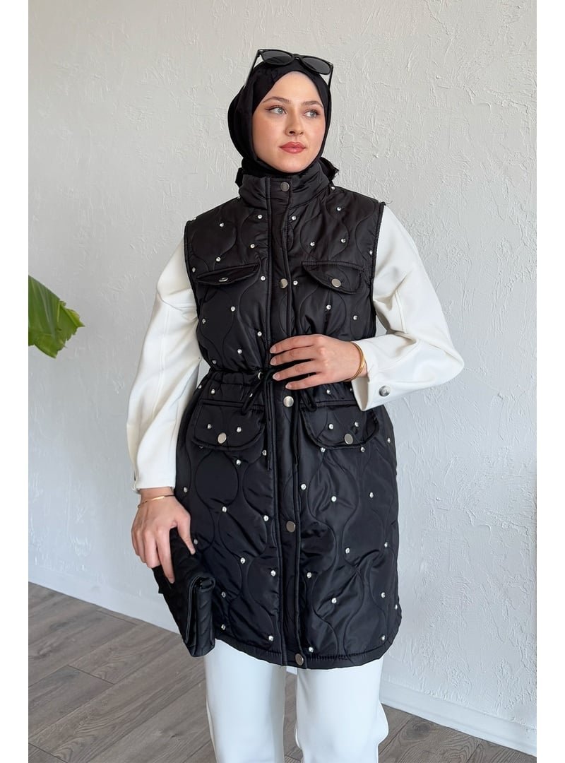 InStyle Cep Detay Büzgülü Kapitone Siyah Yelek