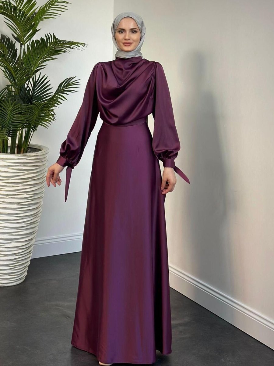 Merven Akyüz Amedea Üstü Drape Saten Abiye Elbise Mürdüm