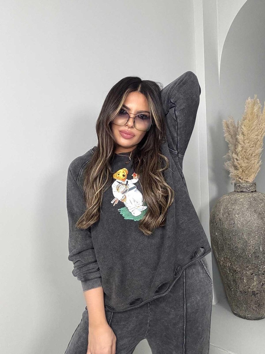 Sohotique By P Antrasit Teddy Baskı Yırtık Detaylı Yıkamalı Sweatshirt