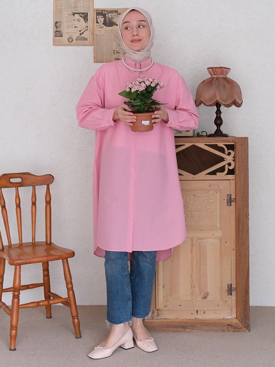 Ceylan Otantik Pembe Uzun Gömlek