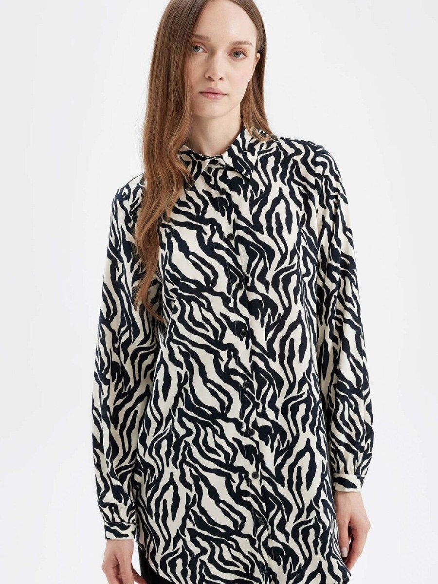 Defacto Regular Fit Zebra Desenli Viskon Uzun Kollu Gömlek Tunik D4070ax24au