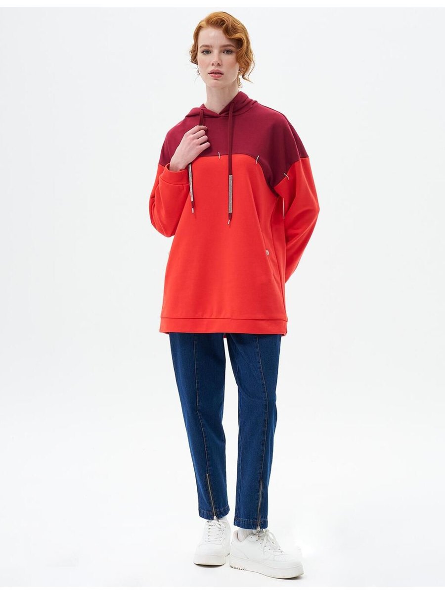 Kayra Kumaş Garnili Üç İplik Sweatshirt Kırmızı