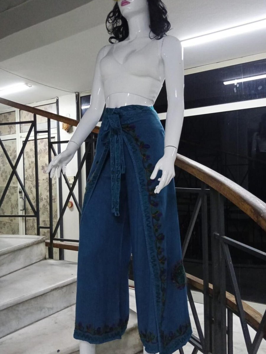 EREN STYLE Petrol Mavisi Otantik Nakış İşlemeli Harem Şalvar Bulmaca Pantolon