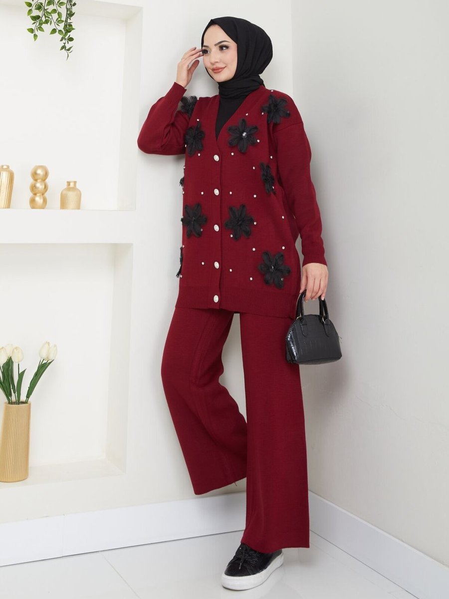 VOLT CLOTHİNG Kırmızı Çiçek Nakışlı Triko İkili Takım
