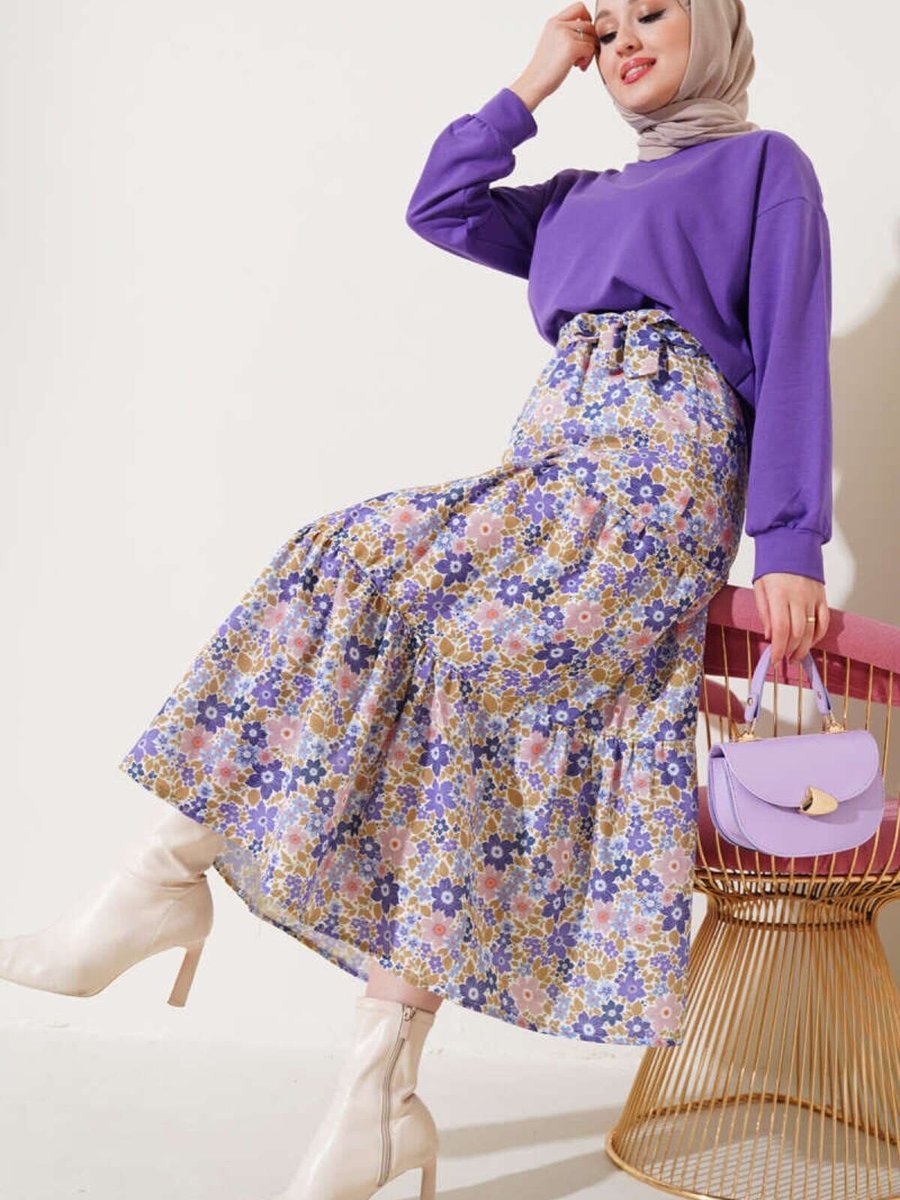 VOLT CLOTHİNG Mor Çiçek Desenli Etekli İkili Takım