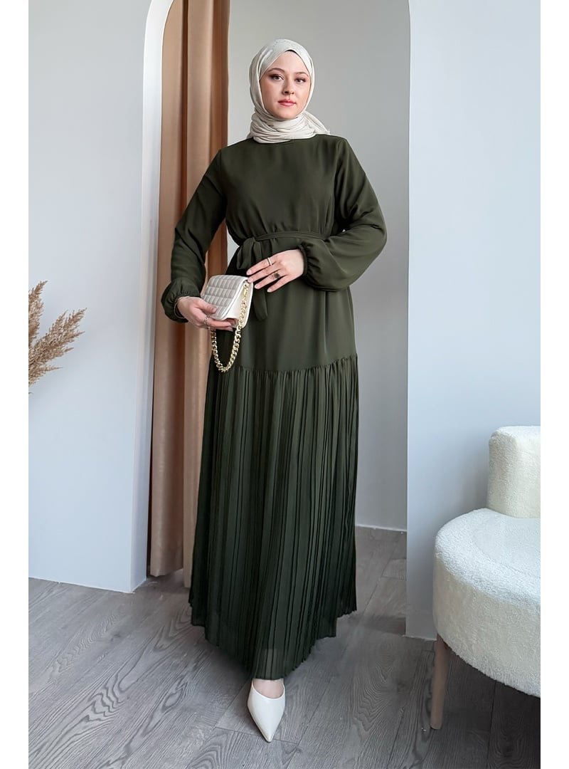 InStyle Eteği Piliseli Şifon Haki Elbise