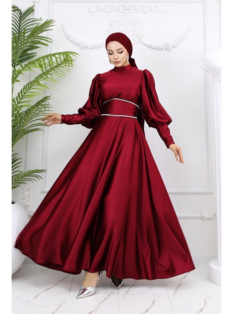 Hakimoda Bordo Sehran Saten Abiye Elbise