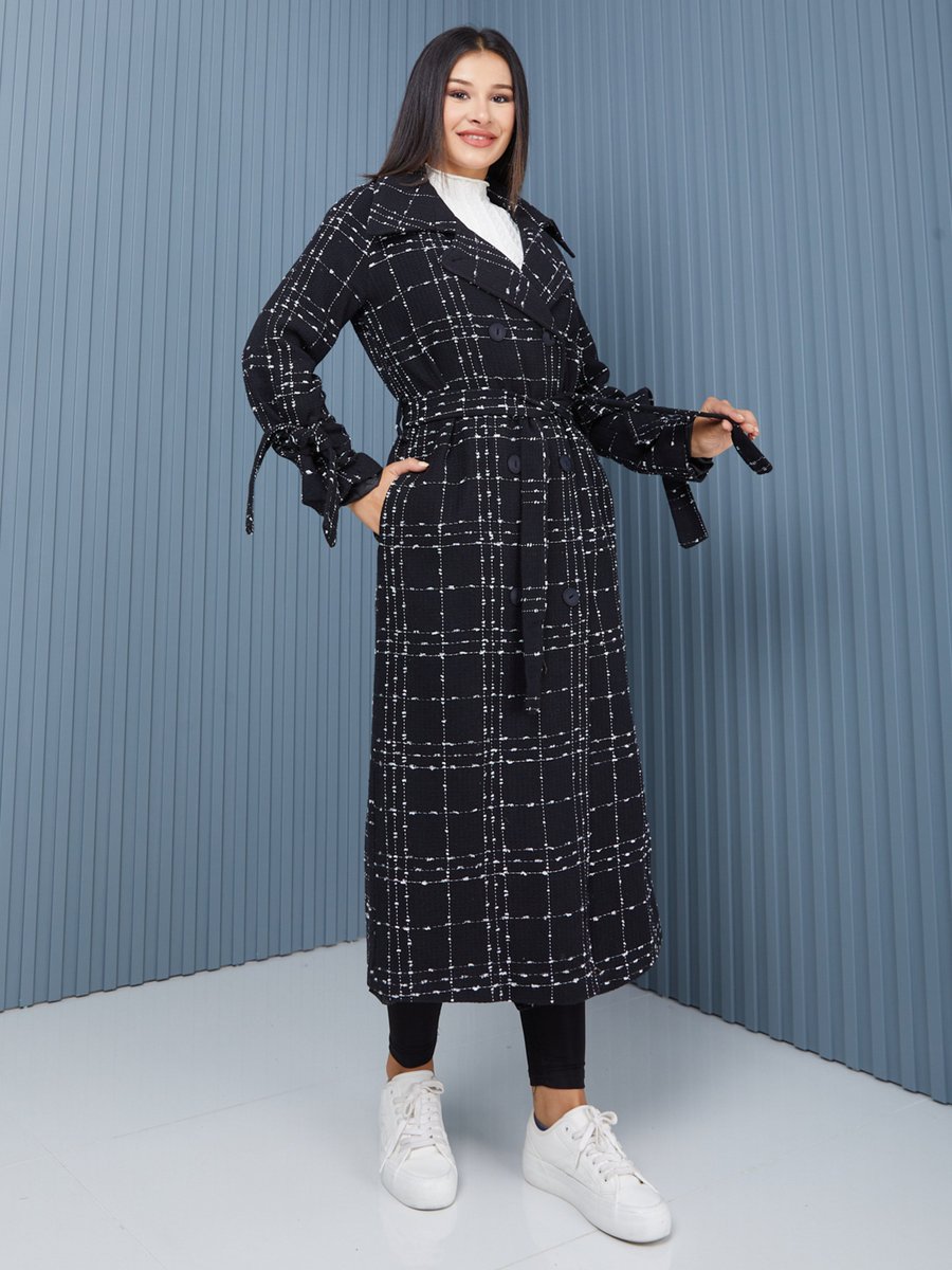 Sahra Afra Siyah Ekose Kadın Oversize Trençkot