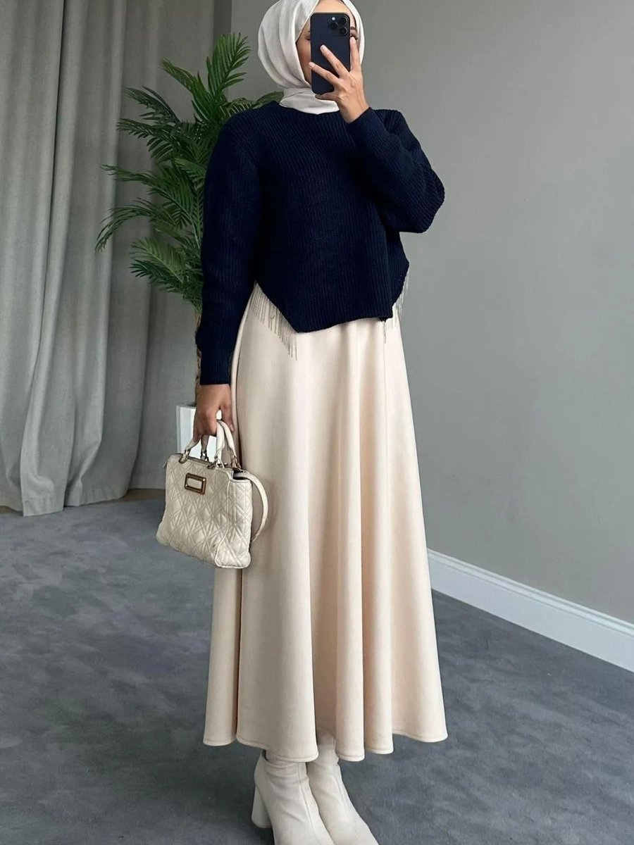 Bm Bessomoda Fashion Boutique Scuba Kumaş Puf Kloş Bej Etek