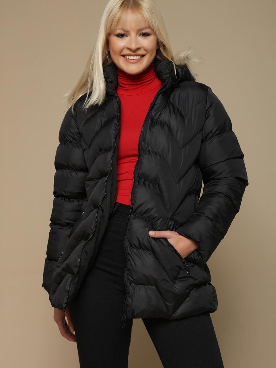 Select Moda Siyah Kürk Kapüşonlu Şişme Mont