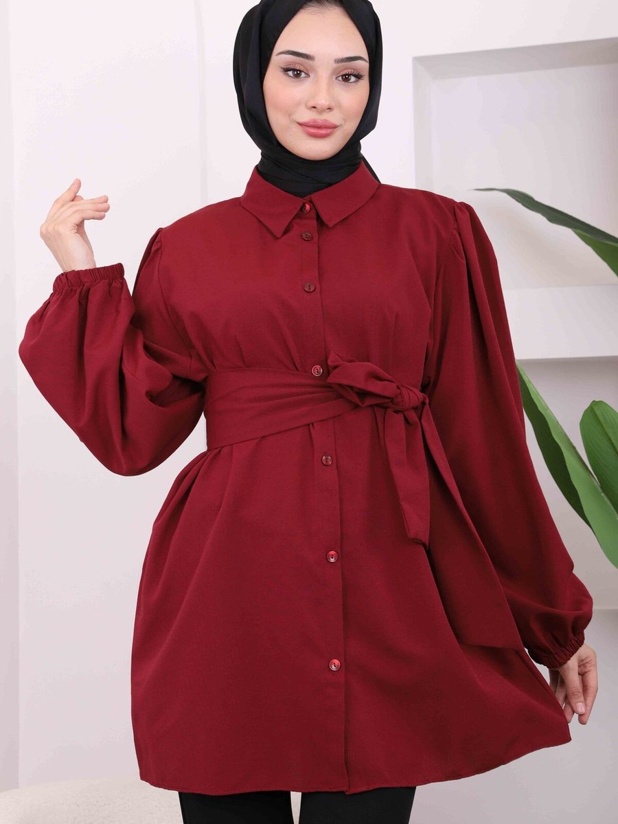 İmajbutik Bordo Bel Kuşaklı Gömlek Tunik
