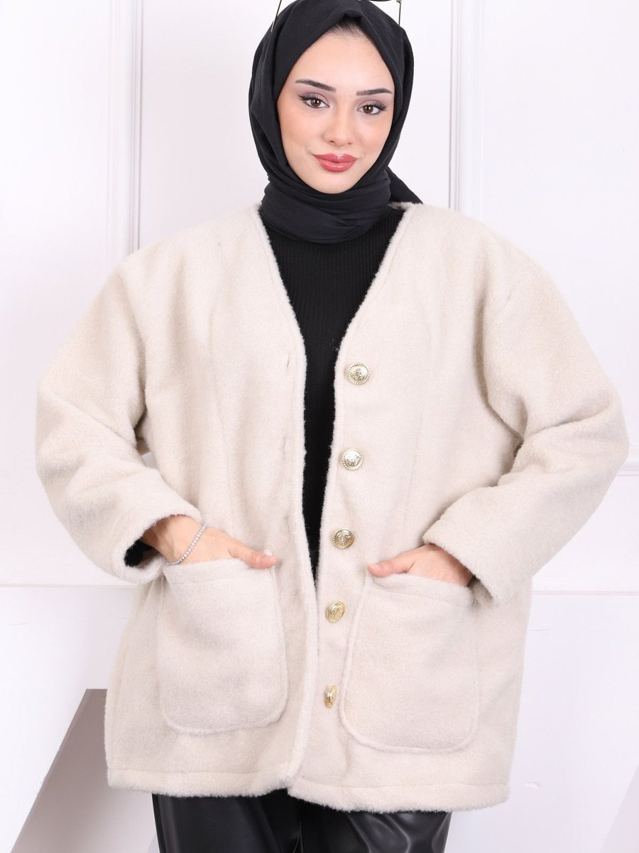 İmajbutik Krem Cepli Düğmeli Angora Ceket