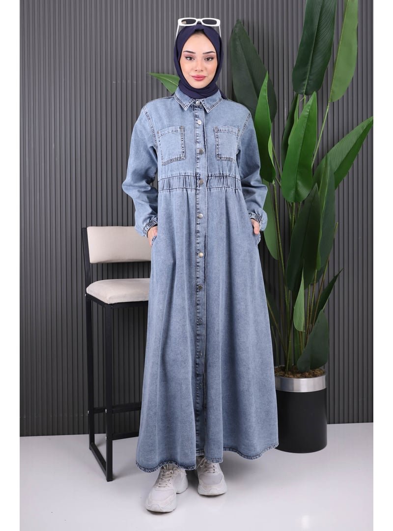 İmaj Butik Mavi Bel Lastikli Düğmeli Kot Elbise