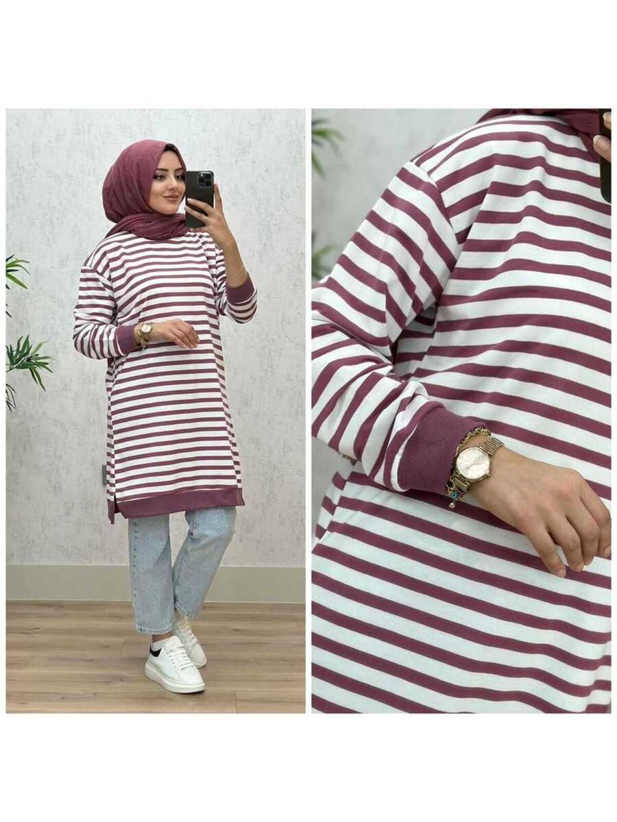 Azzebutik Çizgi Tunik K25 Gül