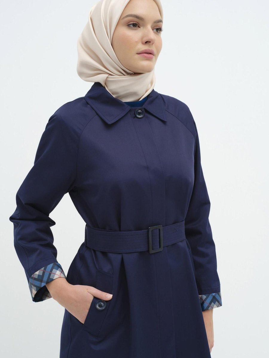 Tuğba Reglan Duble Kollu Kemerli Trençkot İndigo