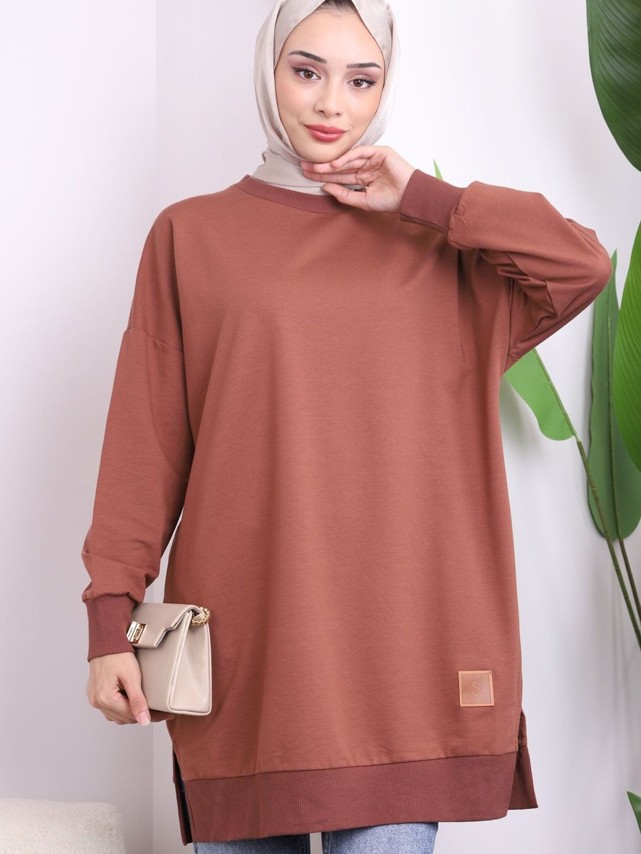 İmajbutik Taba Bisiklet Yaka Yan Yırtmaçlı Sweat