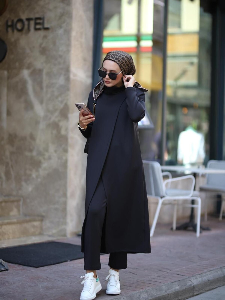 Ns Moda Boğazlı Tunik Pantolon Takım Siyah Model