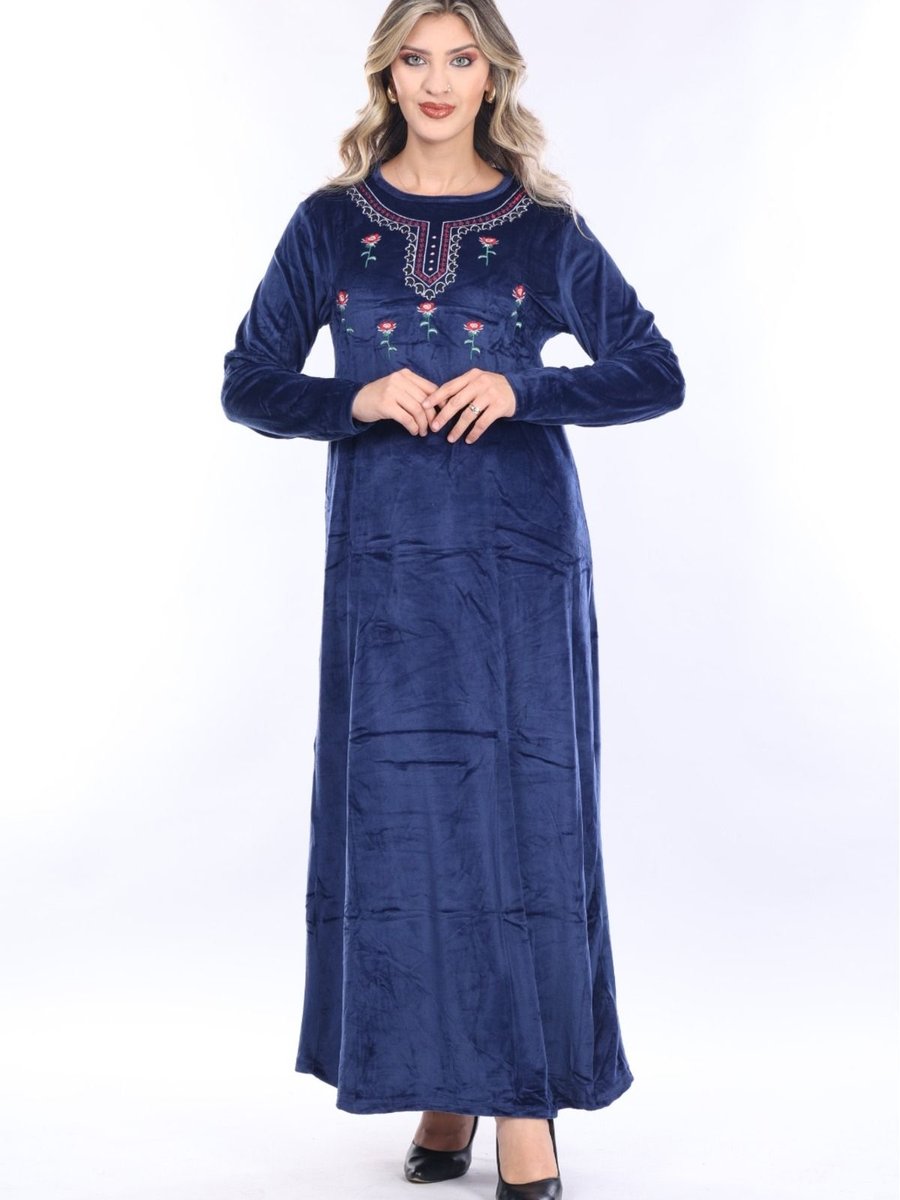 Mervemoda Lacivert Yaka Nakış İşleme Detaylı Kadife Elbise